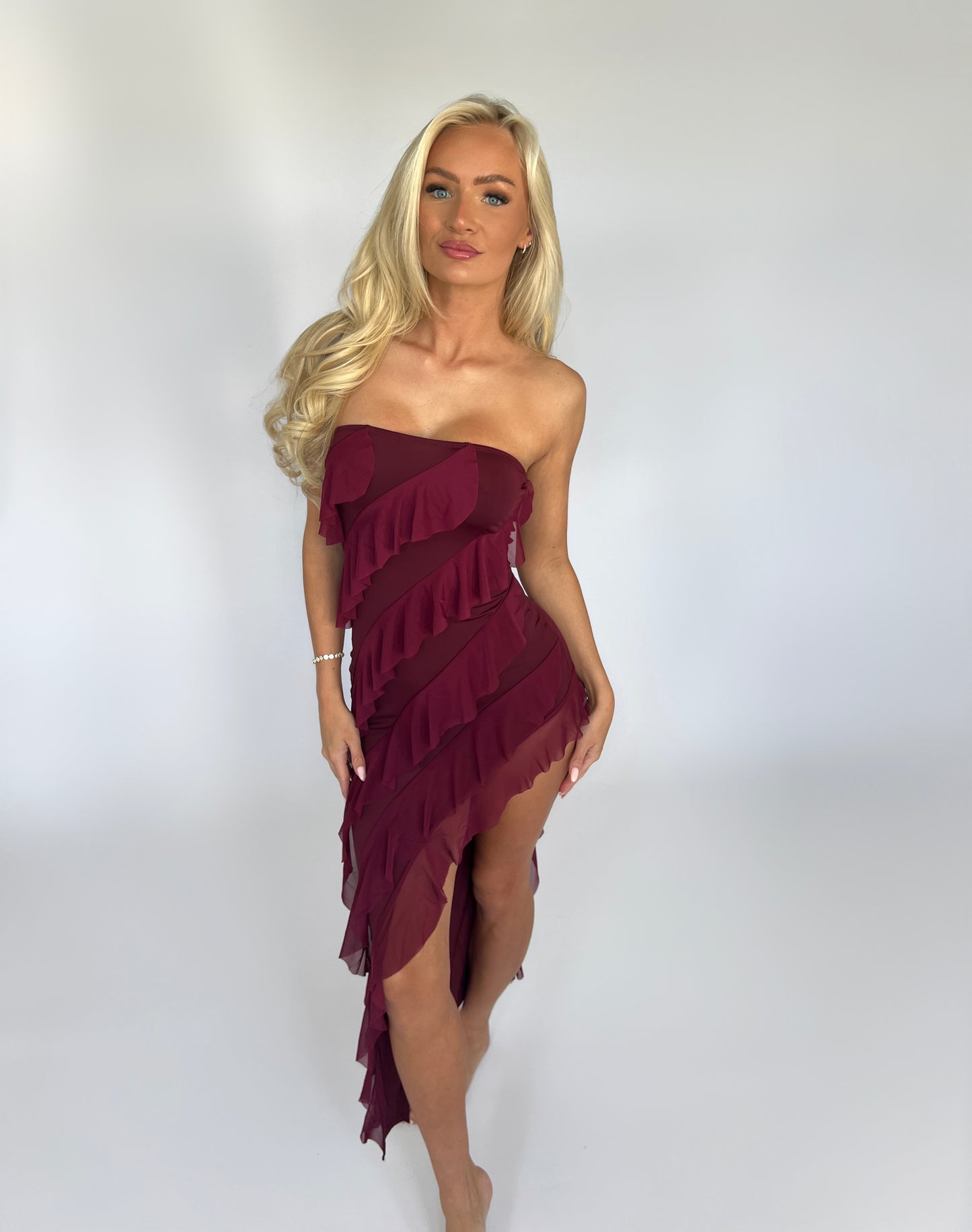 Purple Ruffle Side Split Maxi Dress