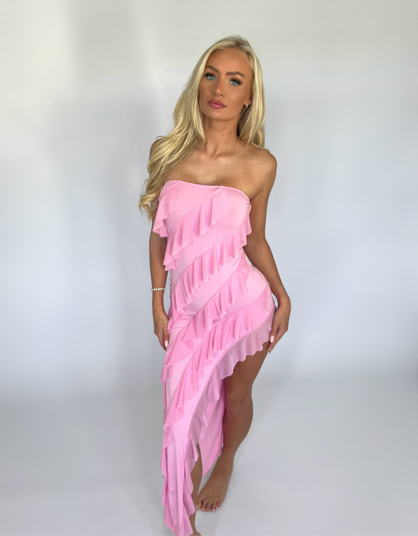 Pink Ruffle Side Split Maxi Dress