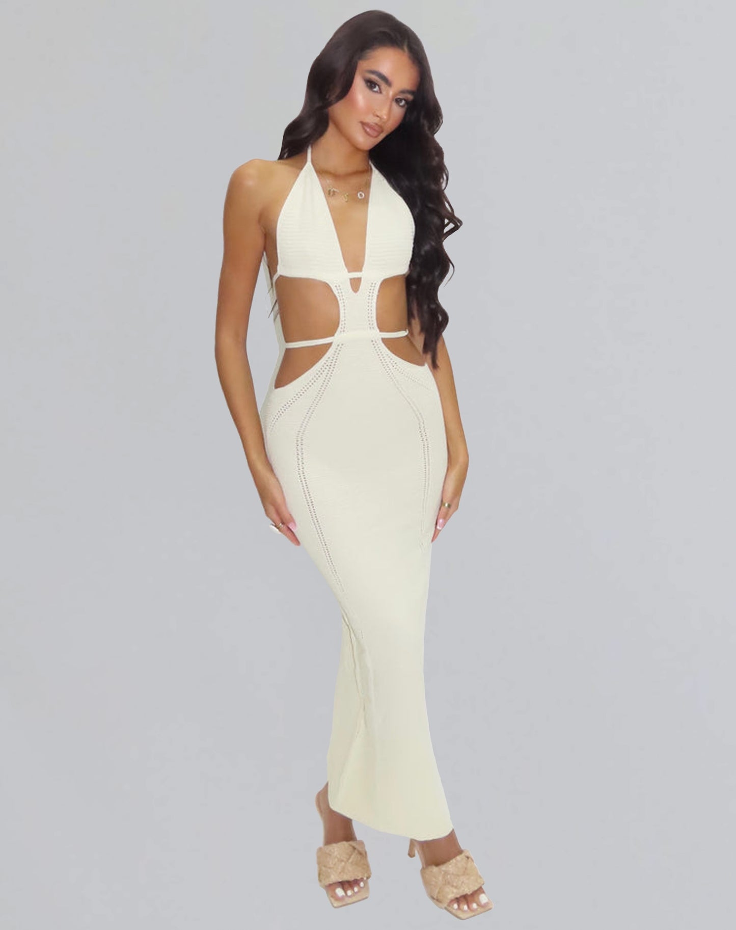Cream Knitted Cut Out Maxi Dress