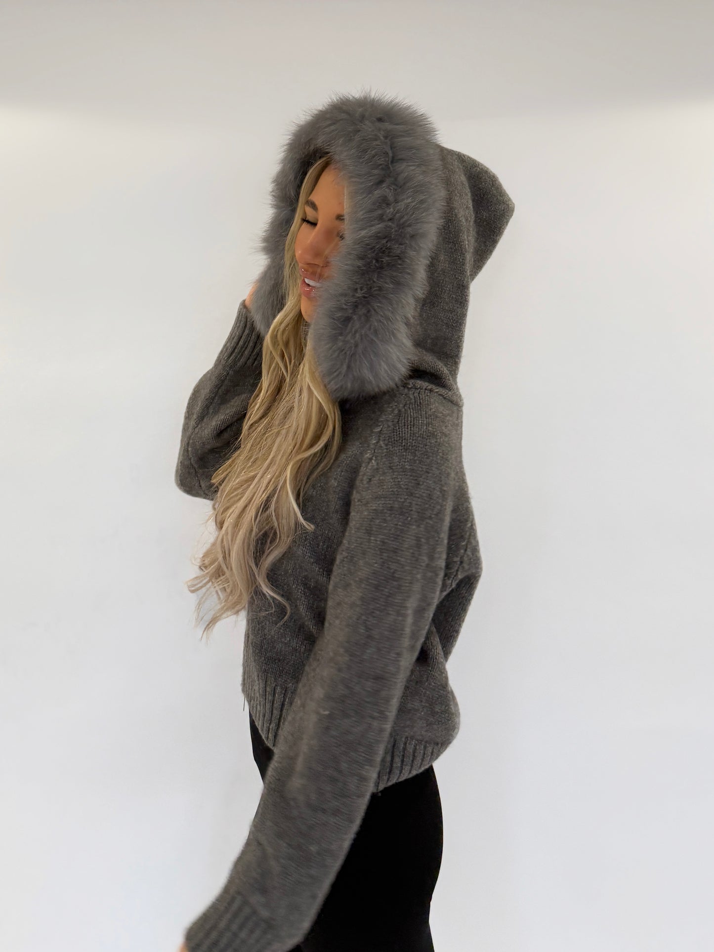 Fur Hood Cardigan - Grey