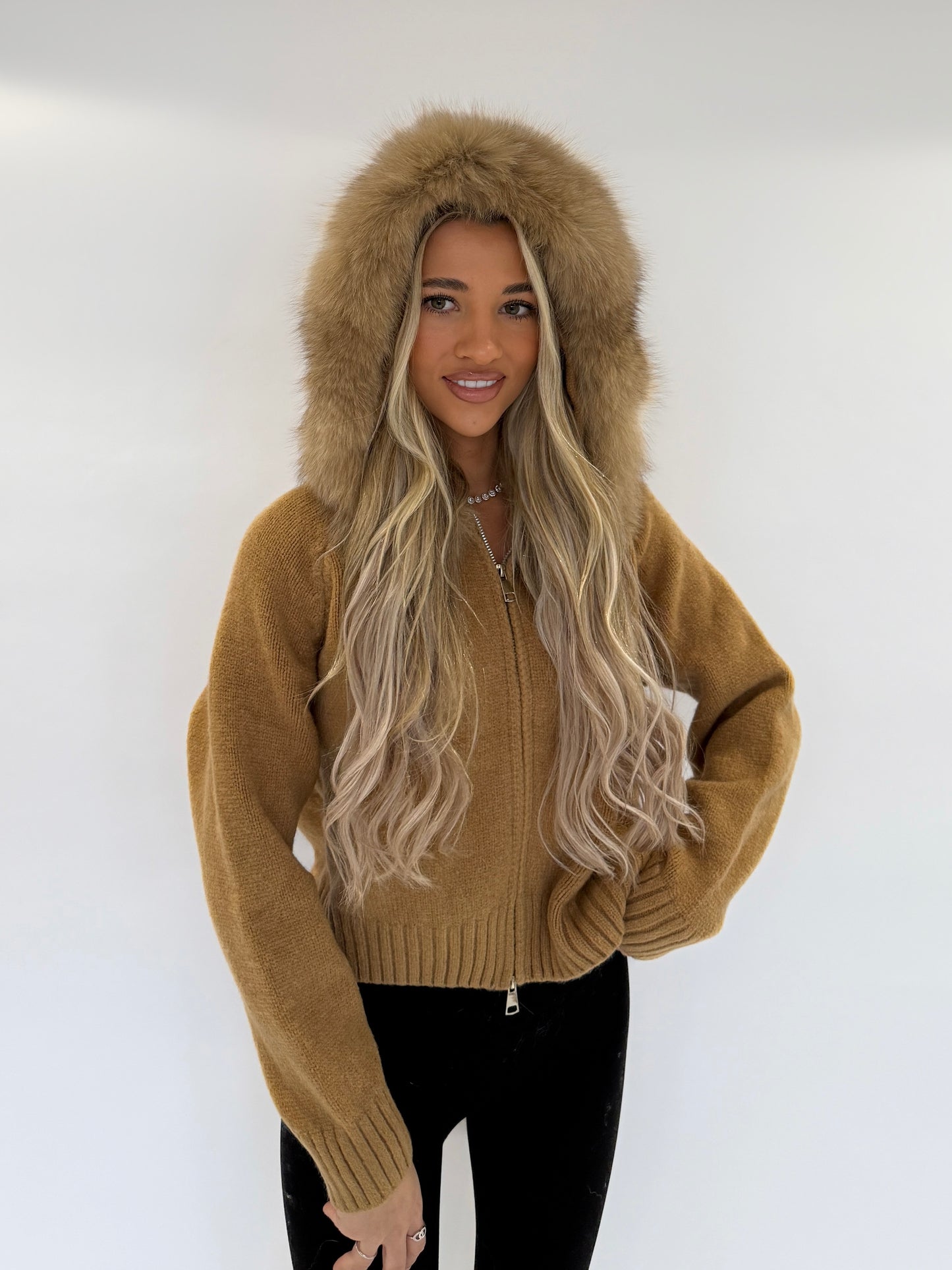 Fur Hood Cardigan - Camel