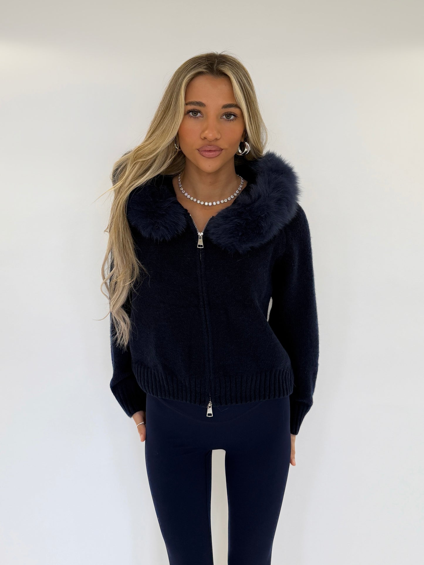 Fur Hood Cardigan - Navy