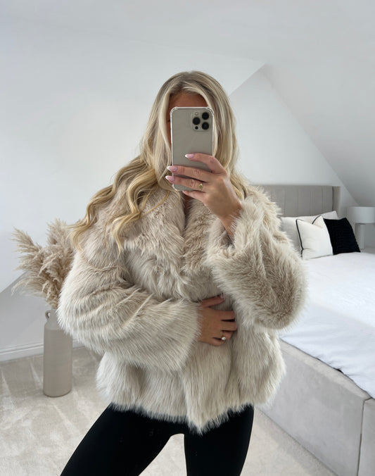 Faux Fur Jacket - Cream / Grey