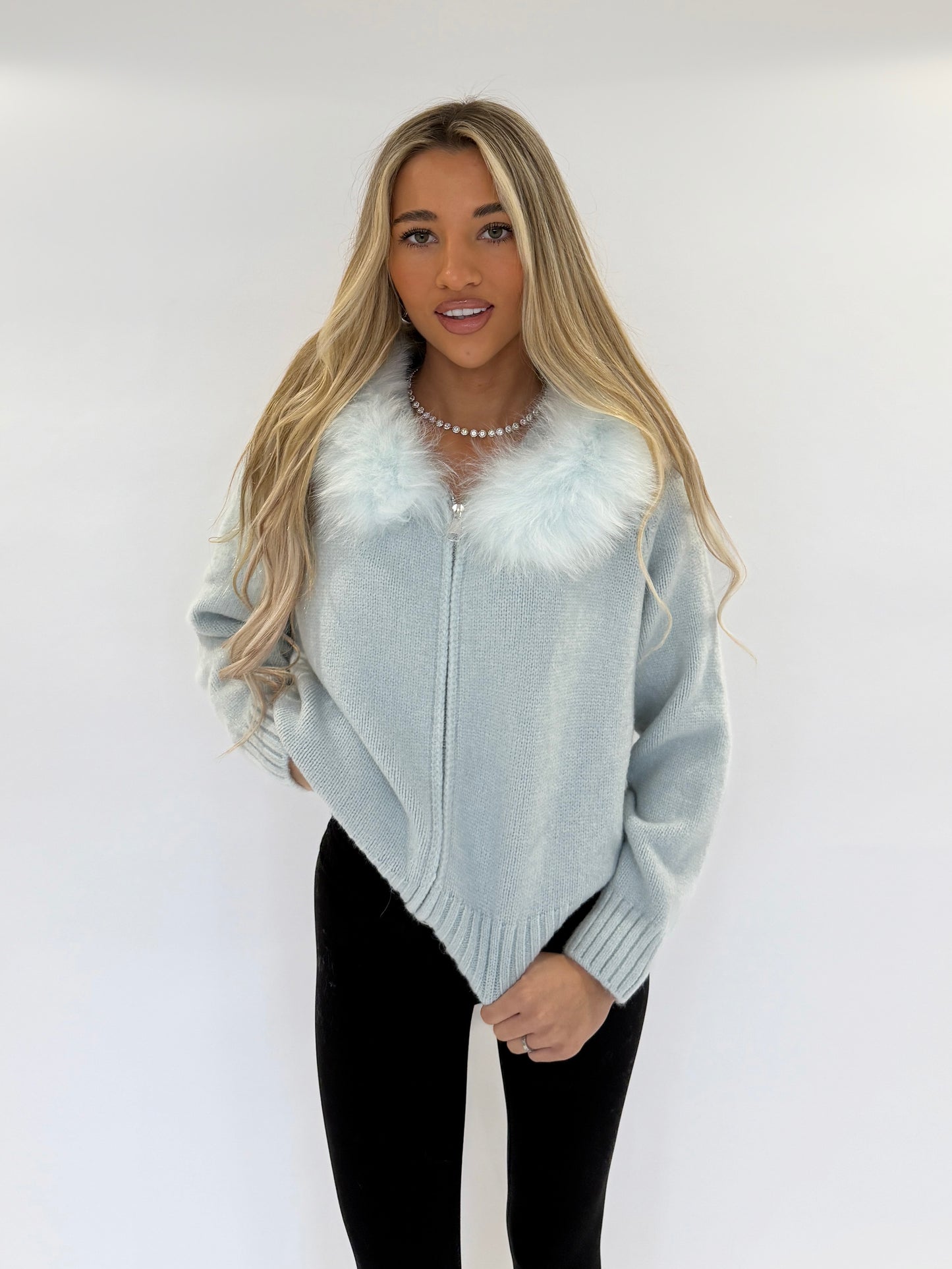Fur Hood Cardigan - Light Blue