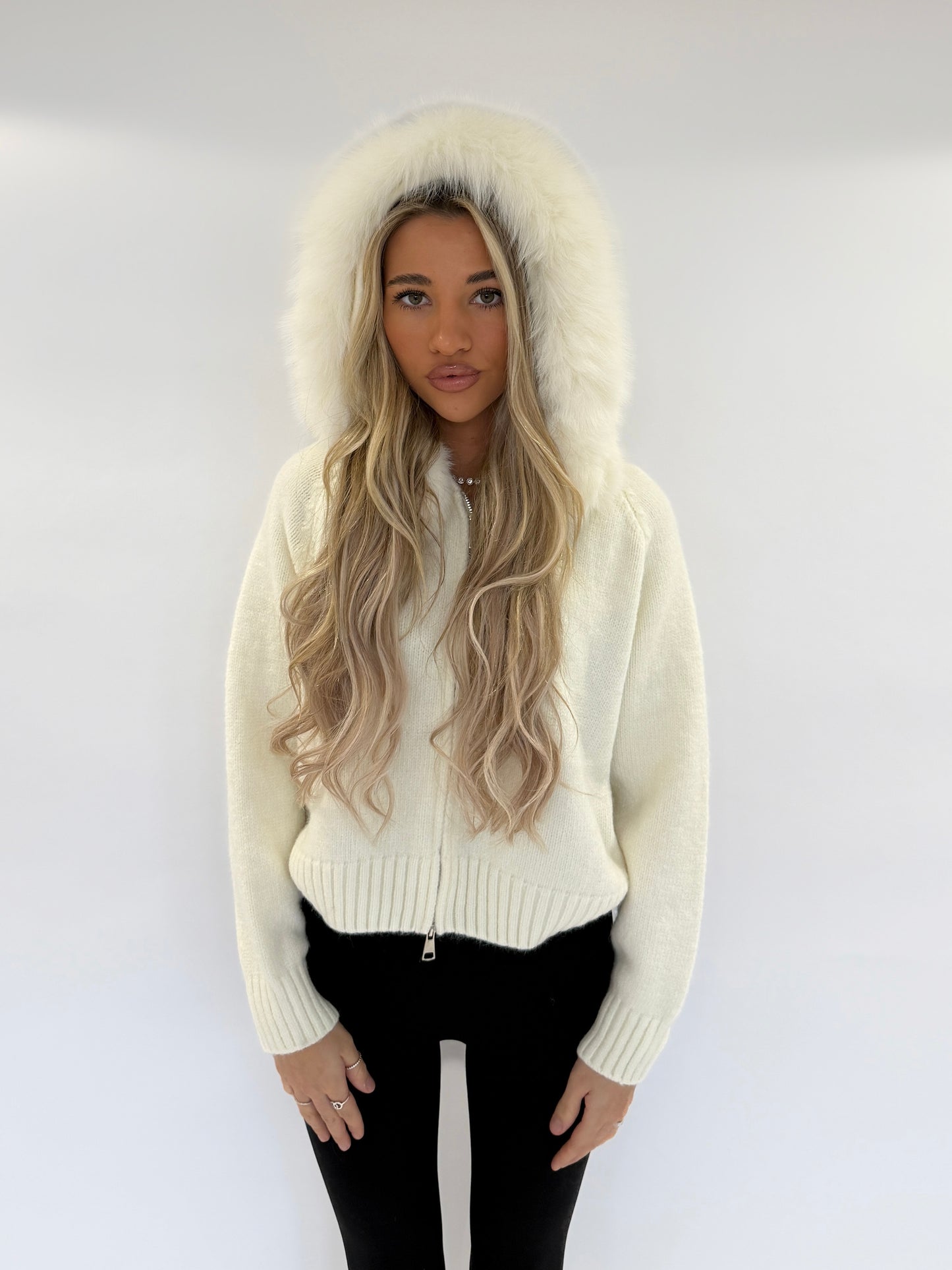 Fur Hood Cardigan - Cream