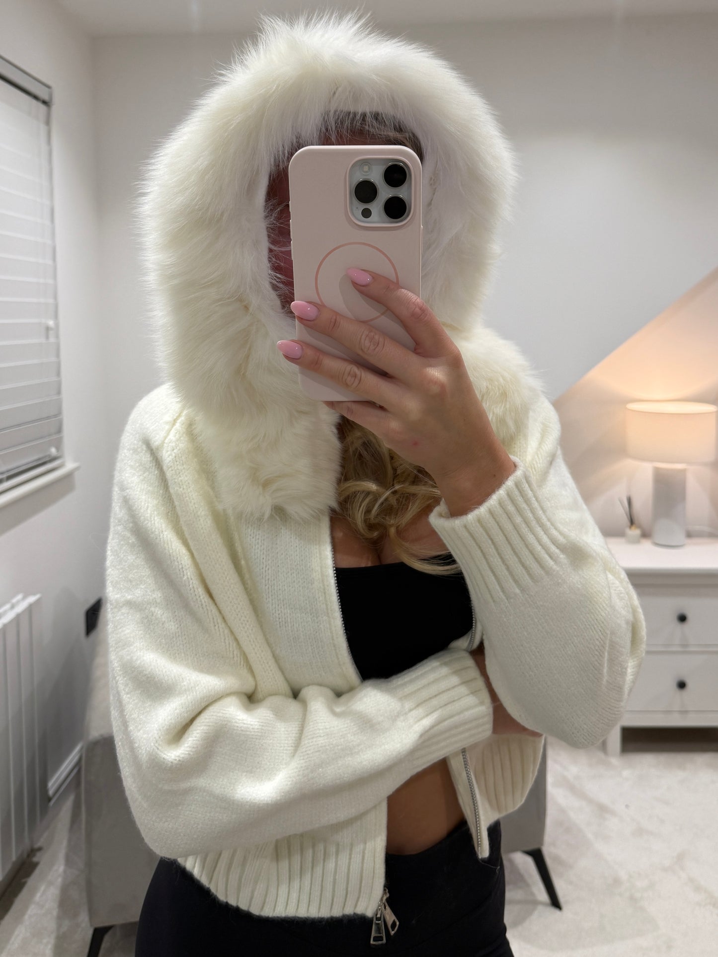 Fur Hood Cardigan - Cream