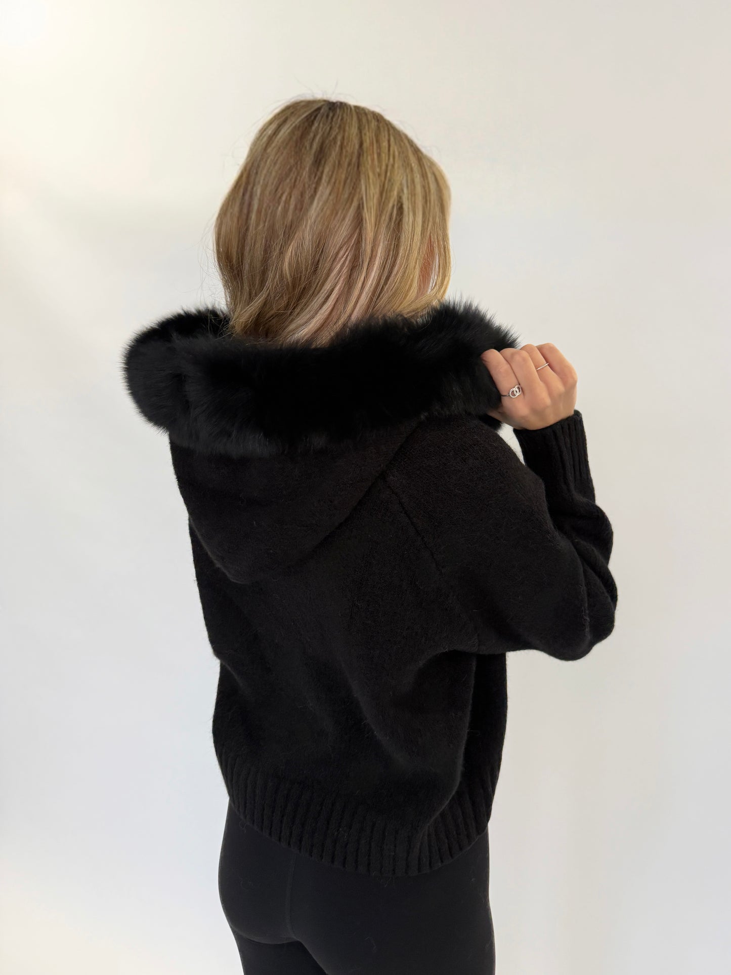 Fur Hood Cardigan - Black