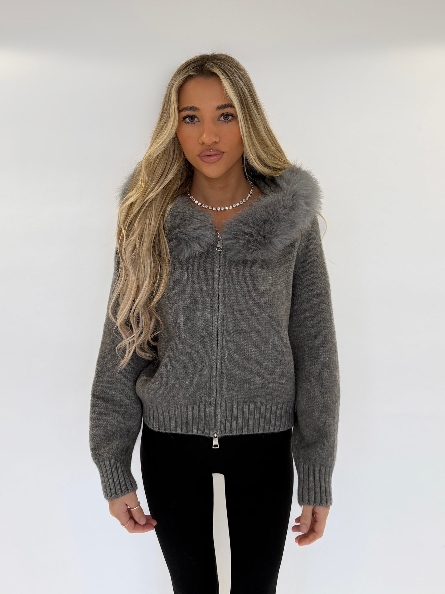 Fur Hood Cardigan - Grey