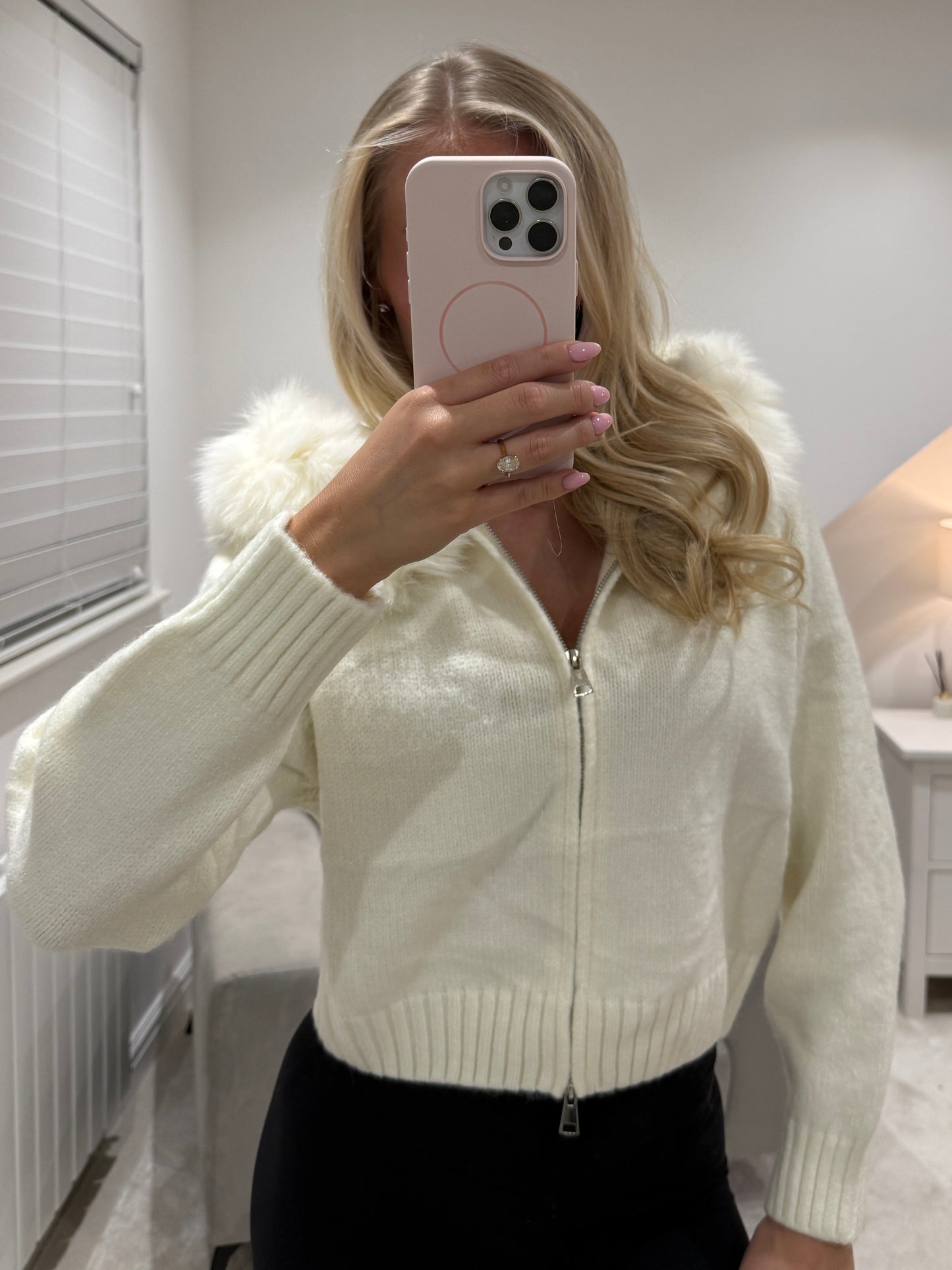 Fur Hood Cardigan - Cream