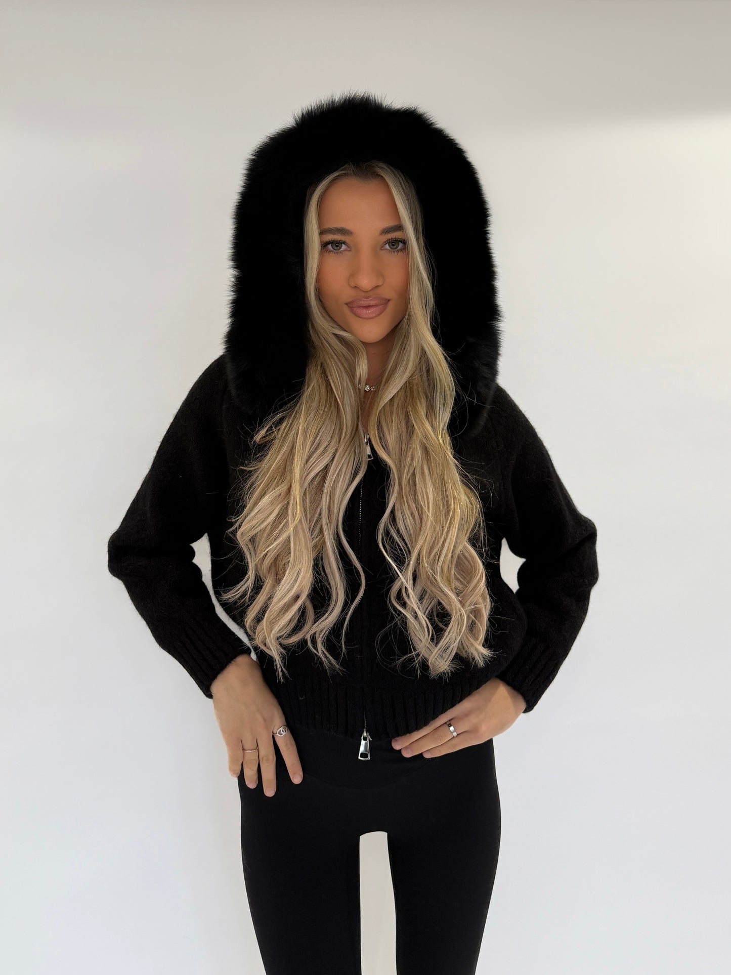 Fur Hood Cardigan - Black