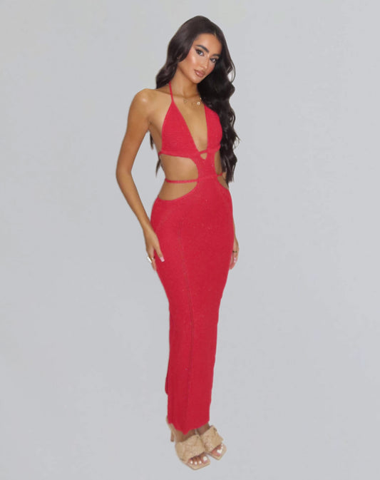 Red Knitted Cut Out Maxi Dress